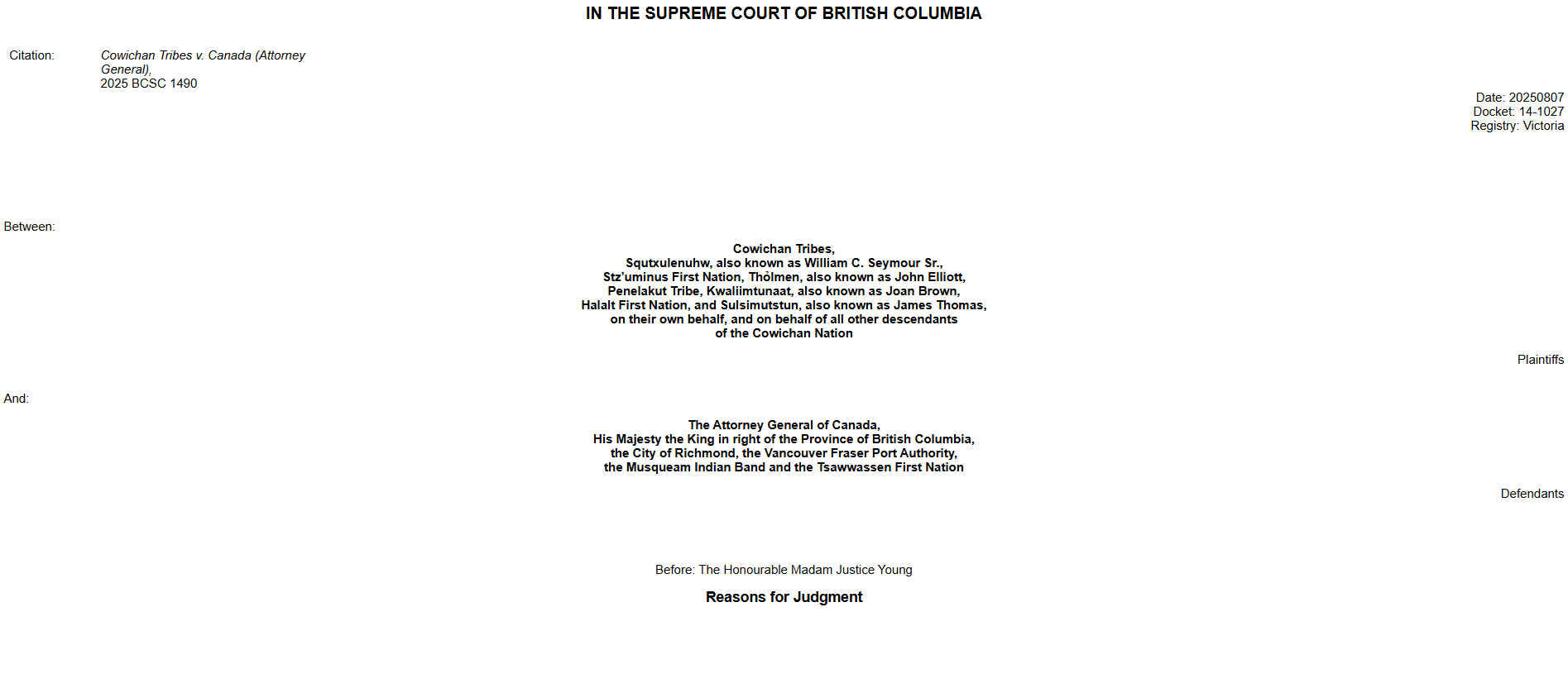 Cowichan Tribes v. Canada, 2025 BCSC 1490